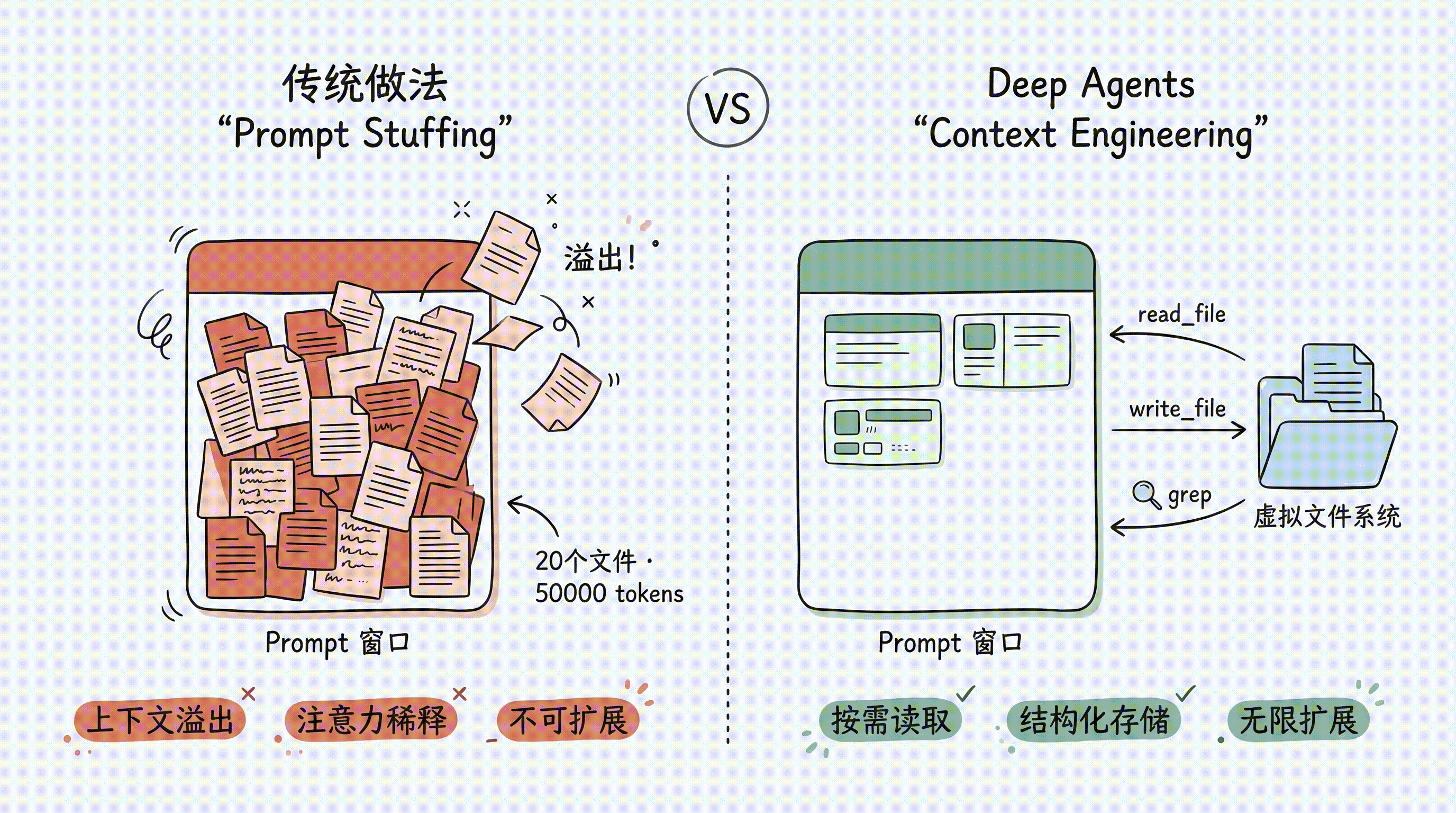 Context Engineering 对比:左侧传统 Prompt Stuffing 导致上下文溢出、注意力稀释、不可扩展;右侧 Deep Agents 通过虚拟文件系统按需读取,实现结构化存储和无限扩展