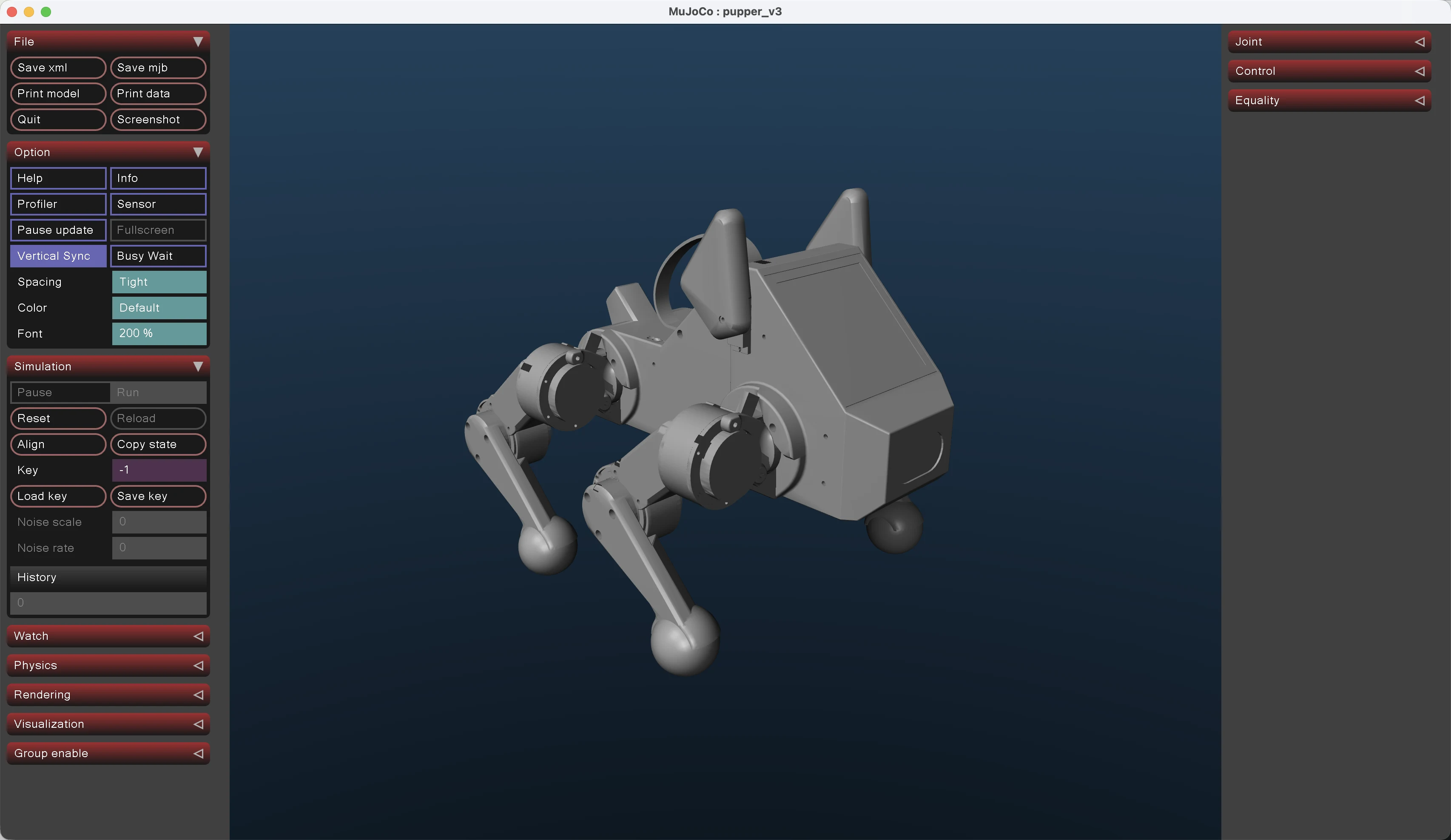 MuJoCo viewer 中的 Pupper v3 fixed 模型