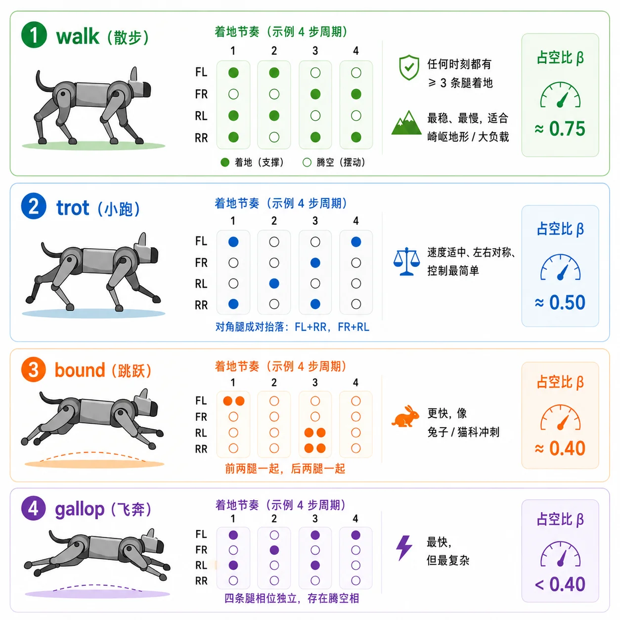四足常见步态的着地节奏与占空比。