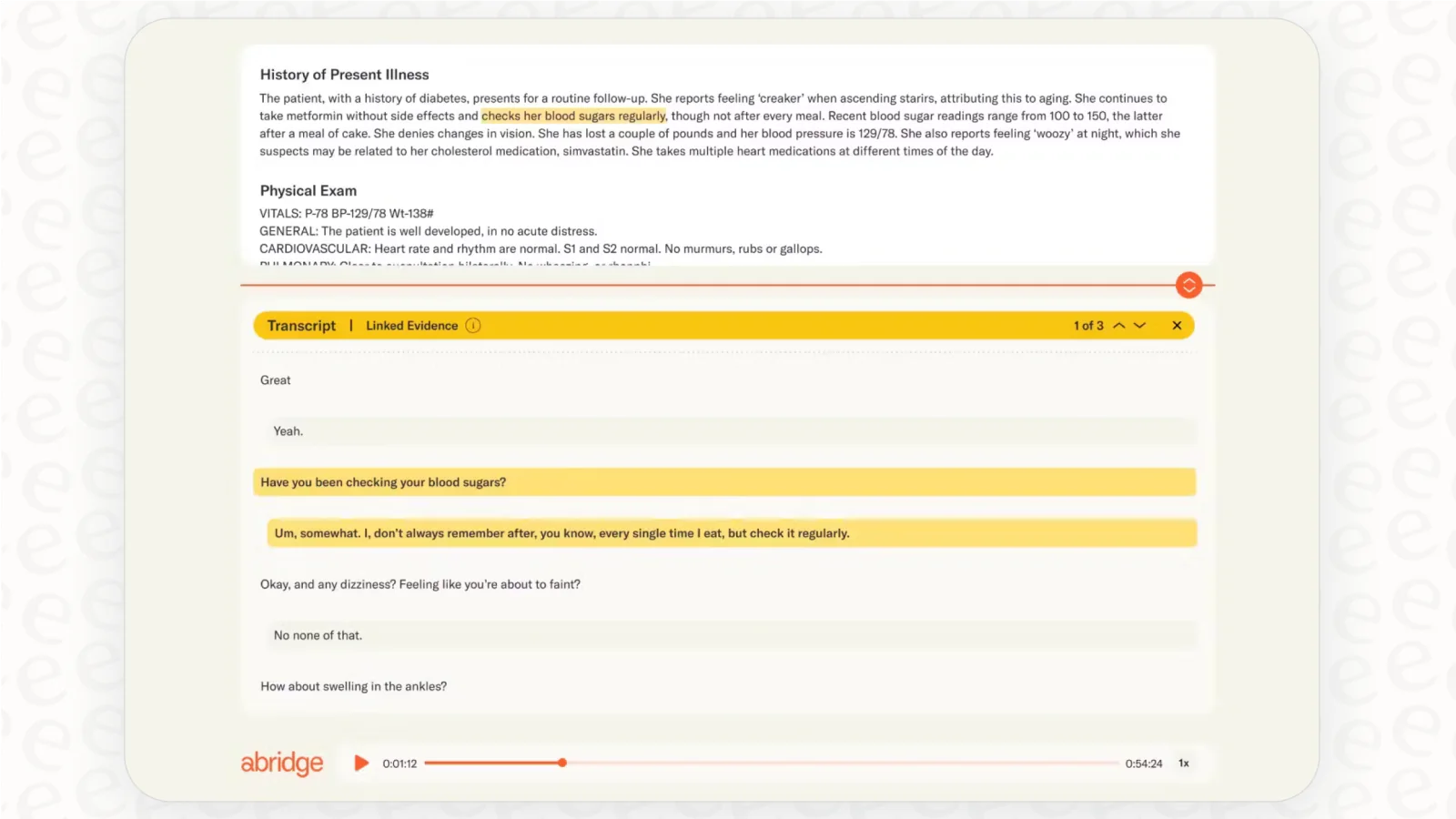 Abridge linking a clinical note to its original conversation