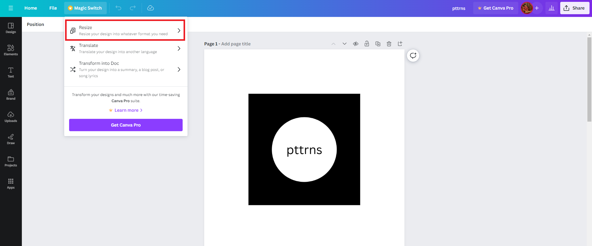 Canva Magic Switch menu for resizing, translation, and document conversion