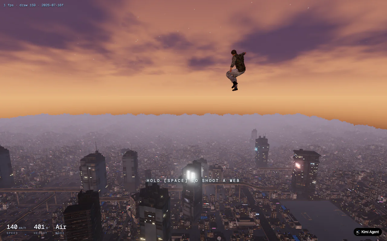 SpiderPunk, an open-world game on K399: swinging between cyberpunk skyscrapers on spider webs (generated by the K3 model, actual gameplay footage)