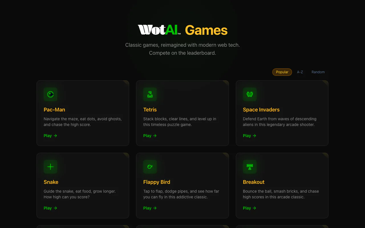 WotAI Games homepage—a collection of 10 classic arcade games
