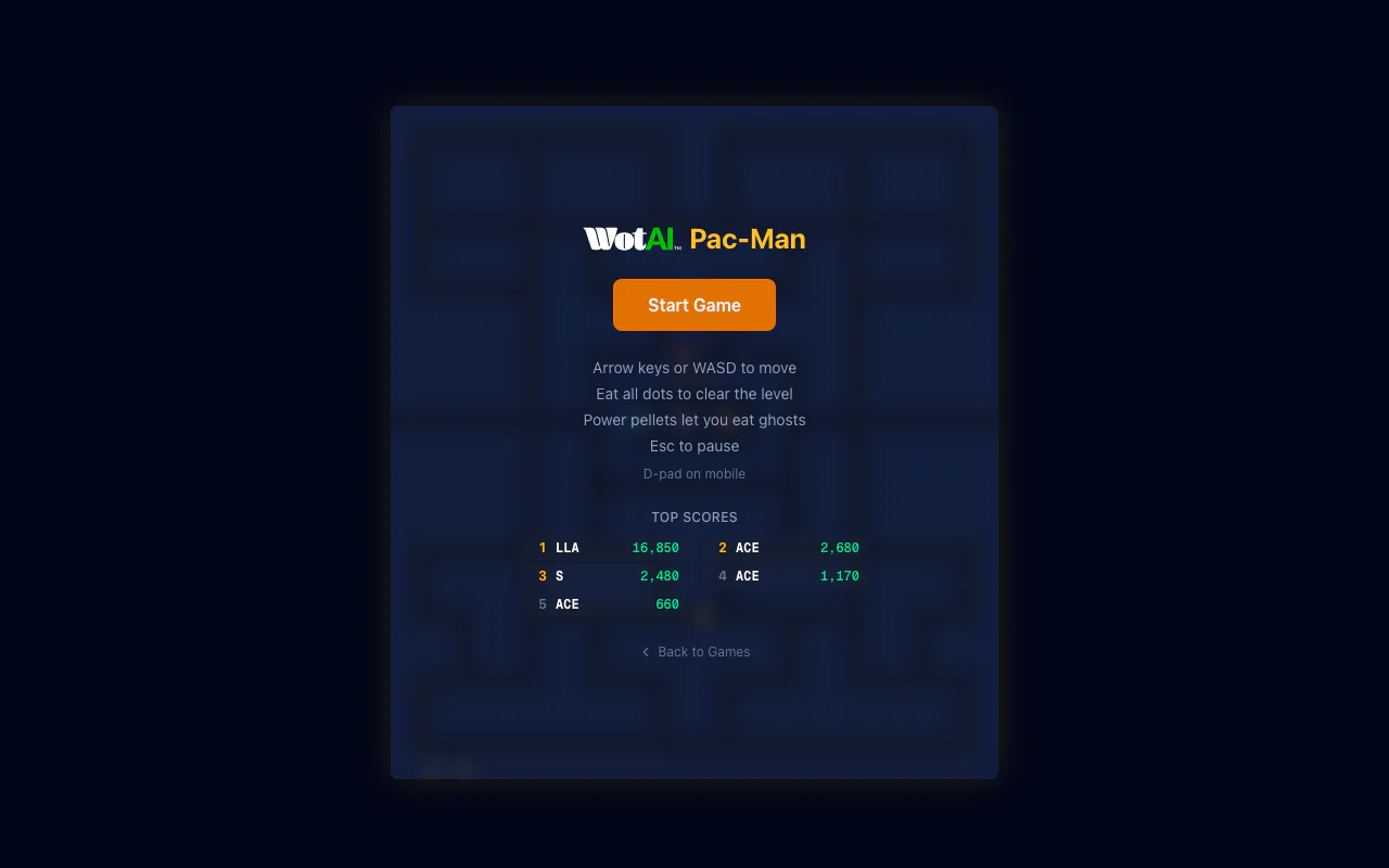 Pac-Man (WotAI Games, generated with Vibe Coding)