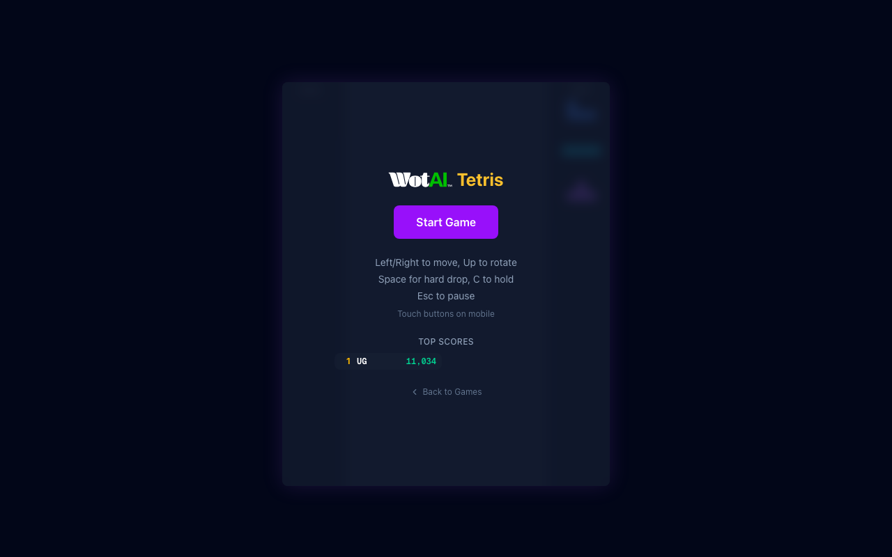 Tetris (WotAI Games, generated with Vibe Coding)