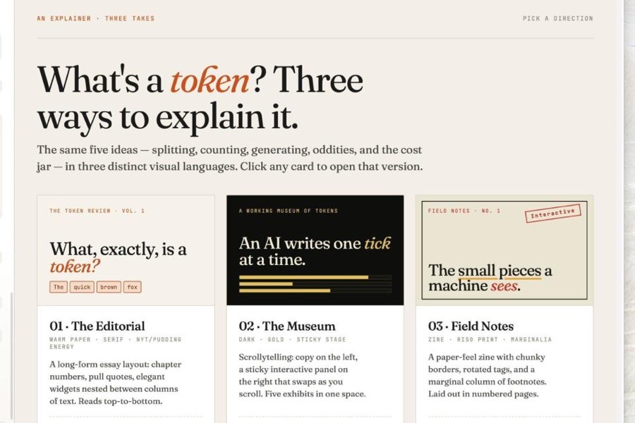 实际案例：PCWorld 记者让 Claude 解释 AI Tokens 概念，返回 Editorial / Museum / Field Notes 三种风格供选择