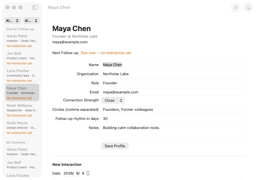 The finished Relationship Compass contact-management interface