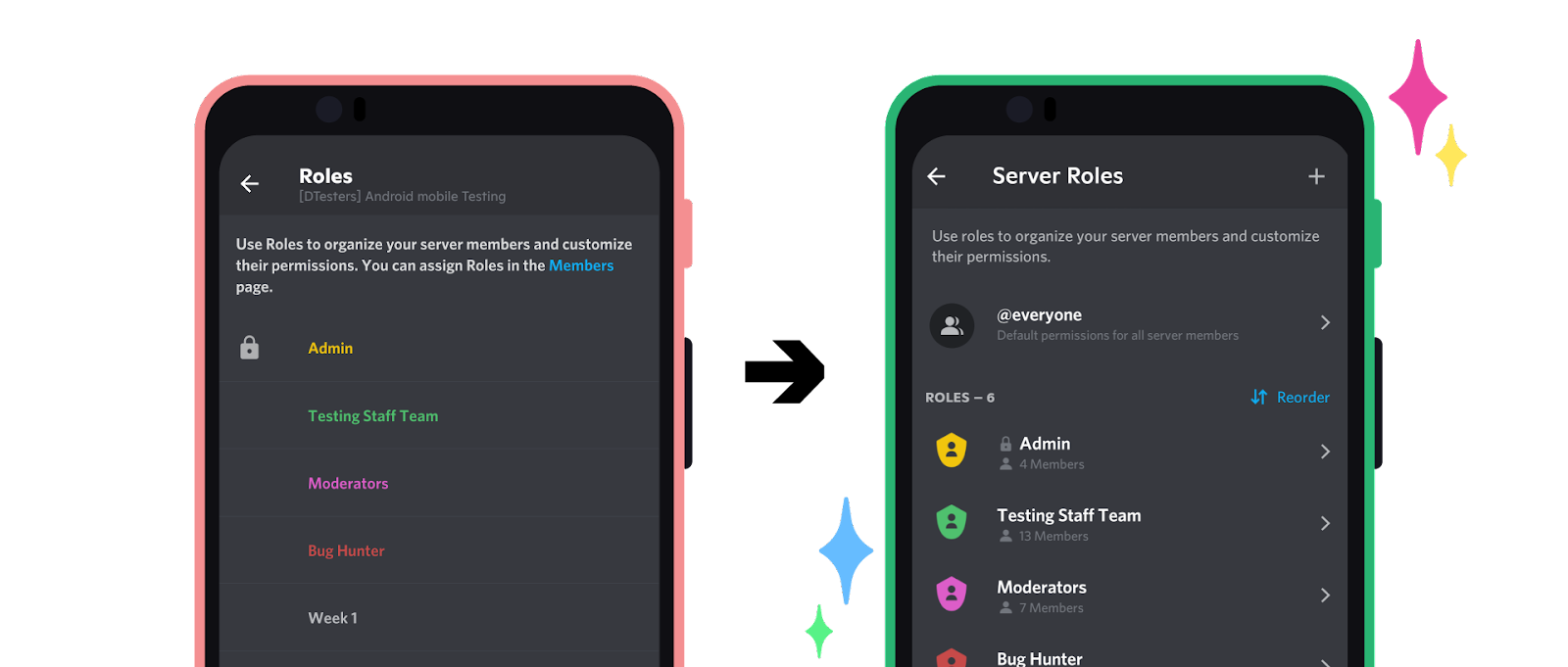 Discord 官方展示的 Android 角色页面改版前后