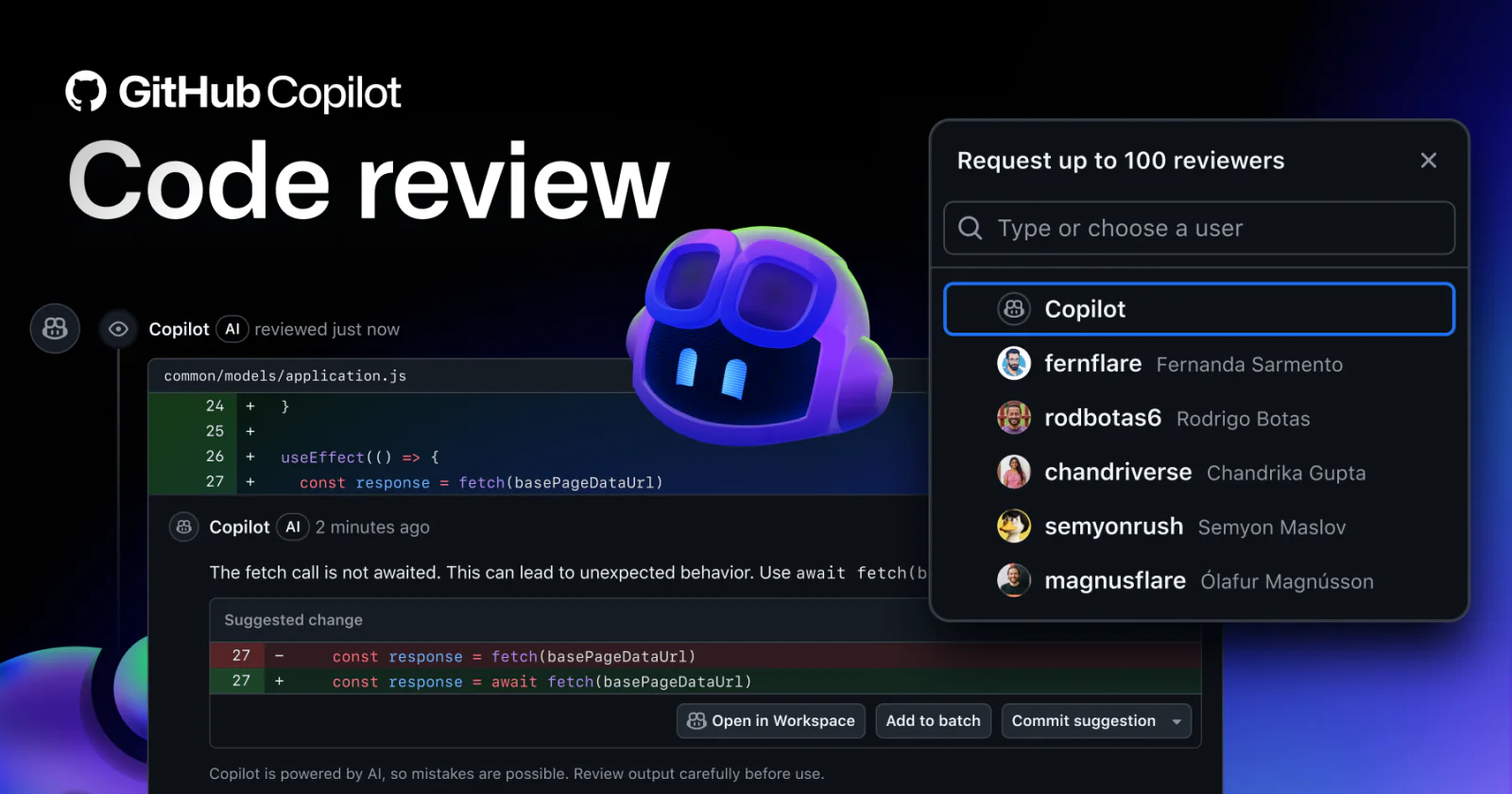 GitHub Copilot reviewing code in a pull request