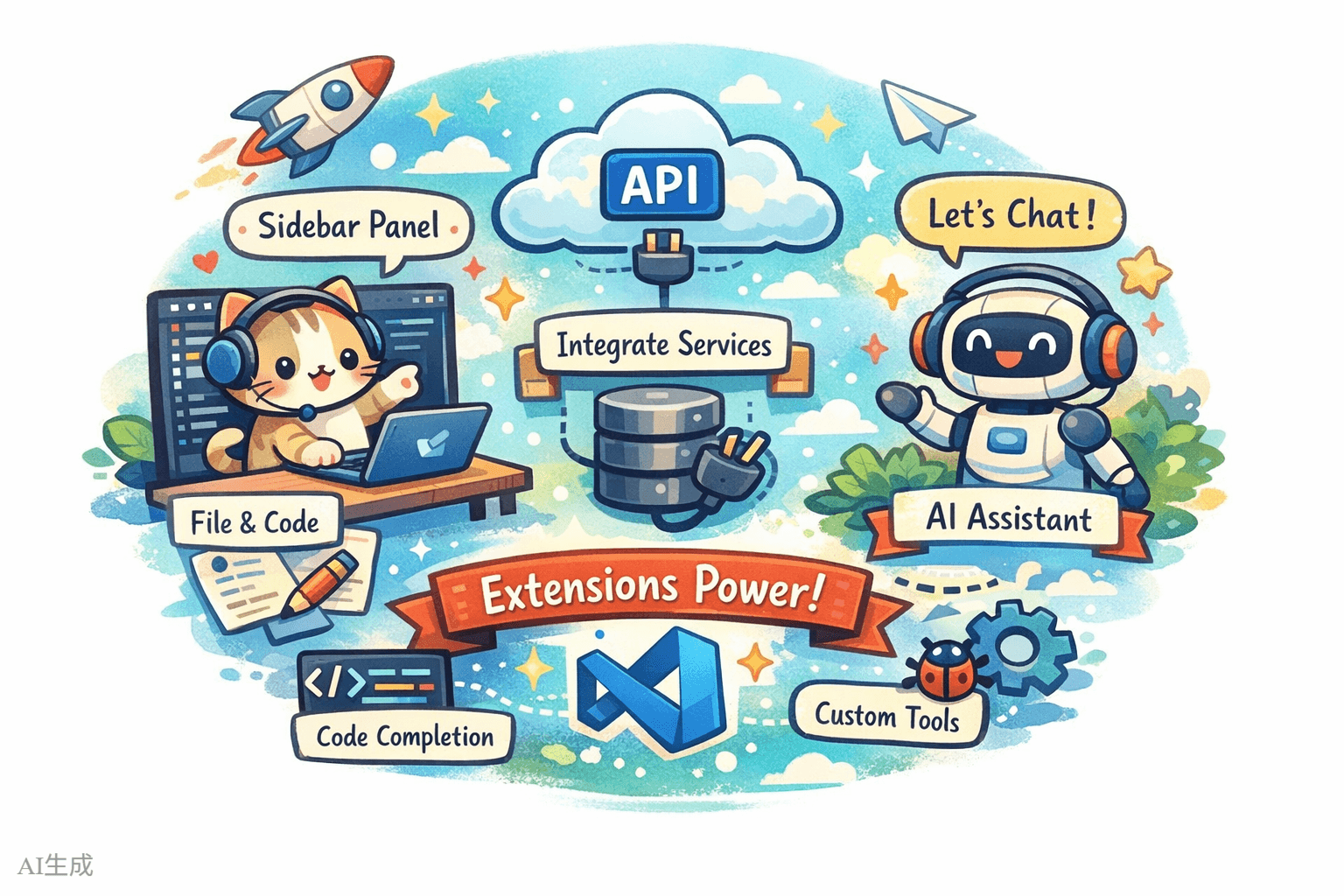 VS Code extension ecosystem diagram showing the areas extensions can extend: sidebar, editor, status bar, command palette, and Chat panel