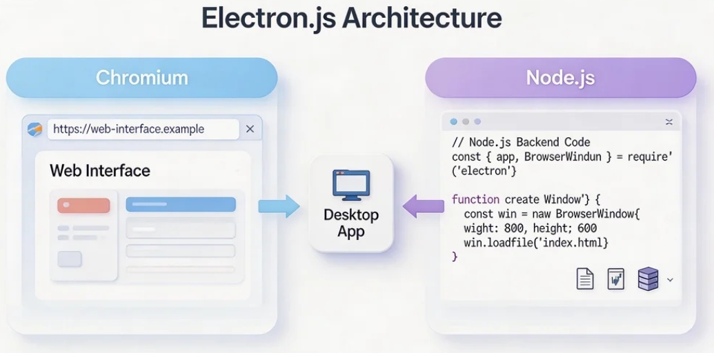 placeholder: 一张示意图，展示 Electron 的架构：Chromium（负责 UI 渲染）+ Node.js（负责系统访问）= 桌面应用