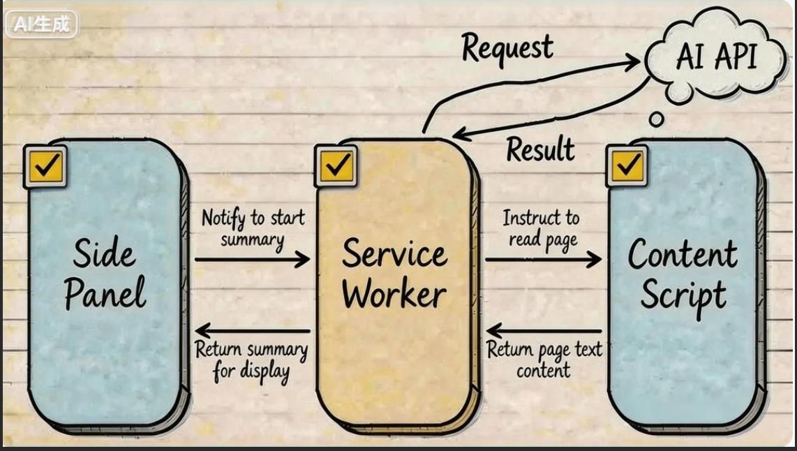 placeholder: 一张架构流程图，展示 Content Script、Service Worker、Side Panel 之间的消息传递关系