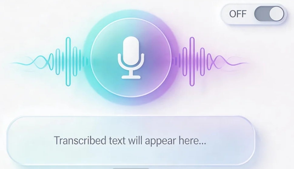 placeholder: 一张应用效果预览图，展示语音转文字应用的 UI：顶部有录音按钮和波形动画，下方是识别出的文字，右上角有模式切换开关