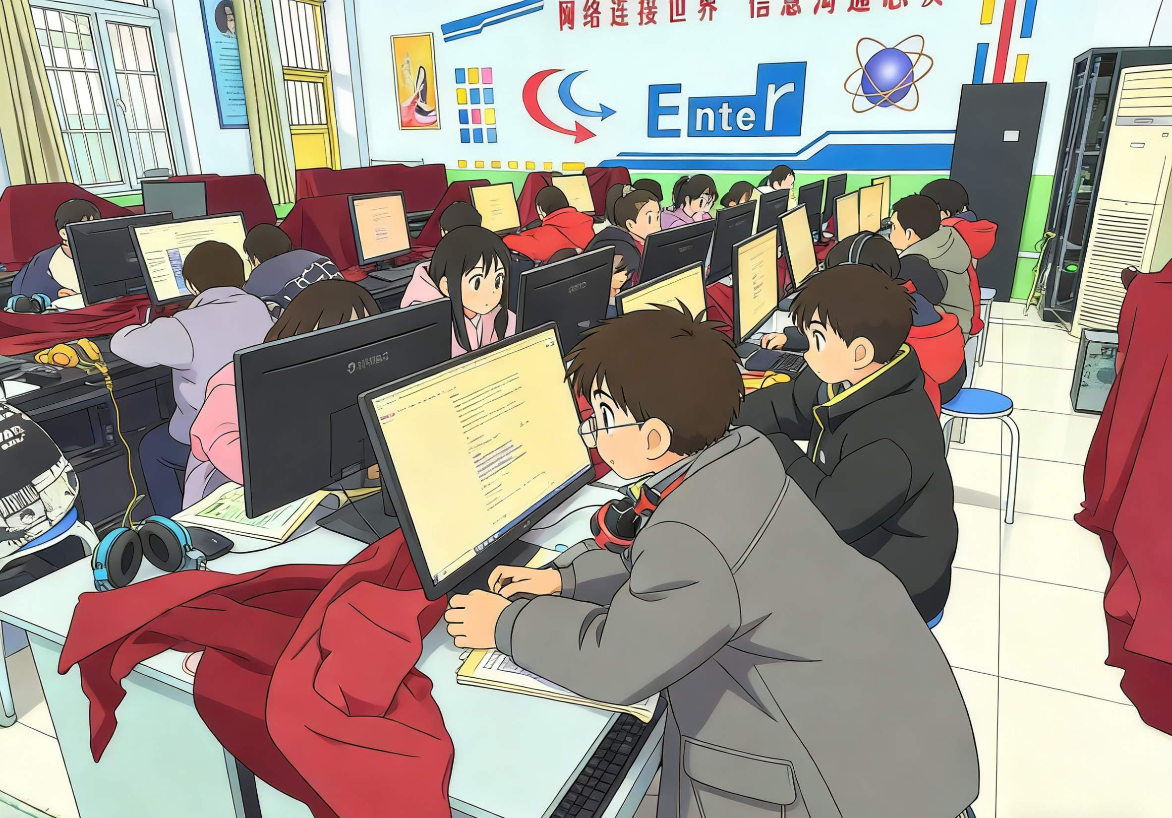 孩子们在机房里接触 AI 的样子