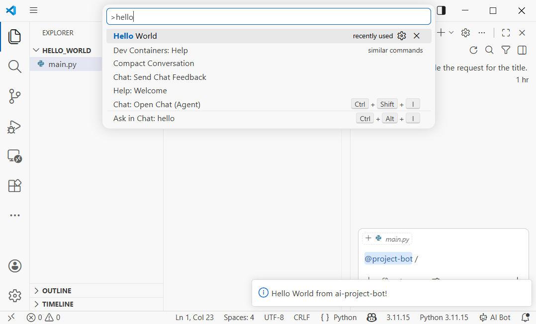 Screenshot of debugging a VS Code extension, showing the Extension Development Host window and the Hello World message