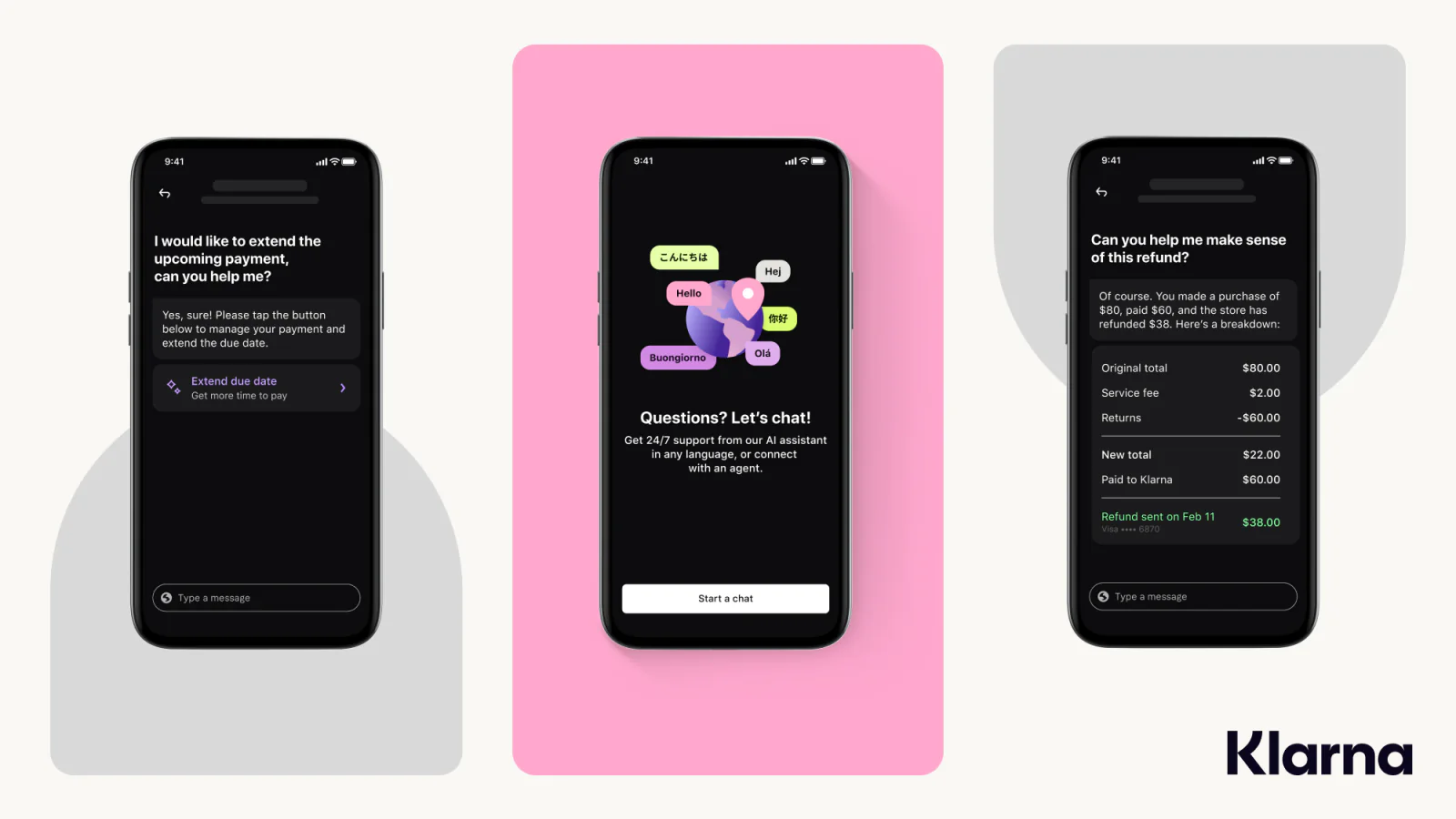 Klarna AI Assistant interfaces for payment extension, multilingual support, and refund explanation