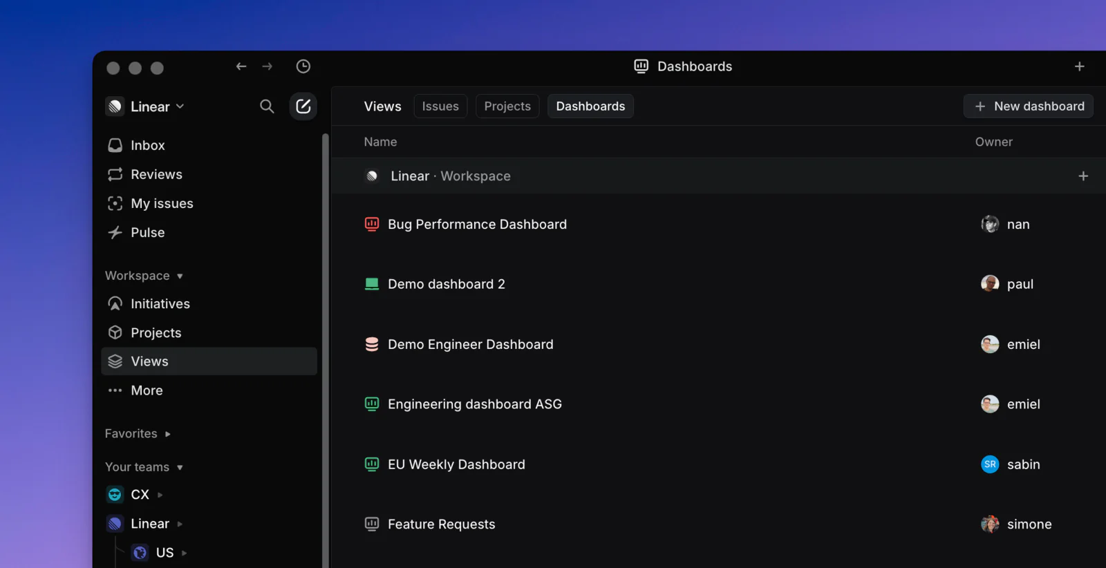 Official Linear Dashboard interface