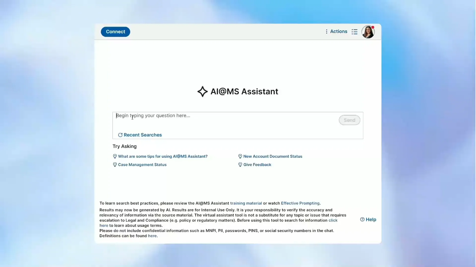 Internal Morgan Stanley AI@MS Assistant interface