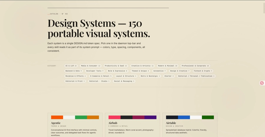 Open Design 内置 150+ 套设计系统（Agentic、Airbnb、Airtable、Linear、Stripe、Vercel…），按类别分组，每个都有色板预览和说明