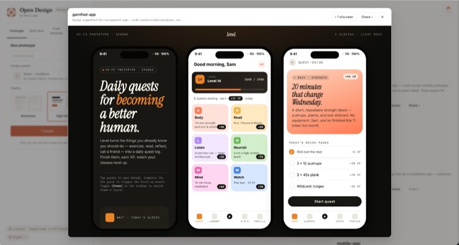 真实生成案例：游戏化生活管理 App（Level）——3 屏并排预览，包含每日任务首页、任务分类仪表盘、任务详情页，浅色模式，彩色卡片