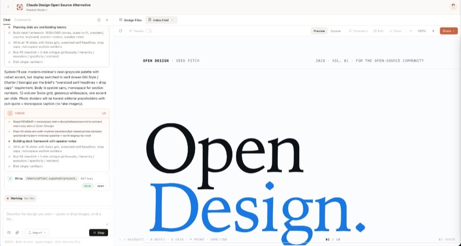 Open Design Studio 工作区：左侧 Chat 面板显示生成计划和进度，右侧画布渲染出"Open Design"大字封面页（幻灯片模式），顶部可切换 Preview/Source/Comment/Edit