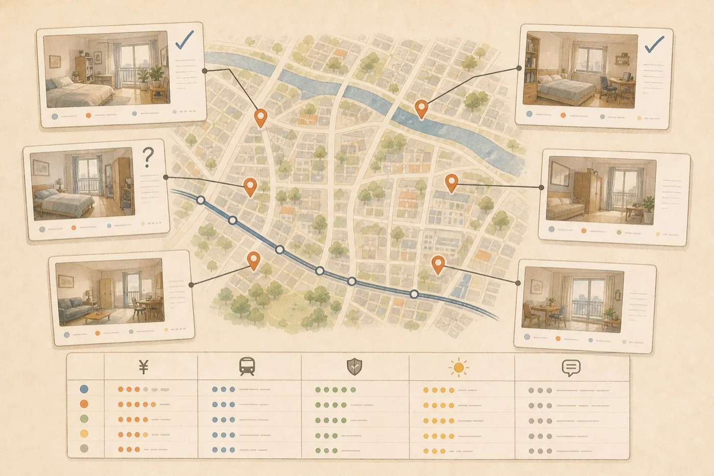 Scattered listing photos organized with location markers and commute routes