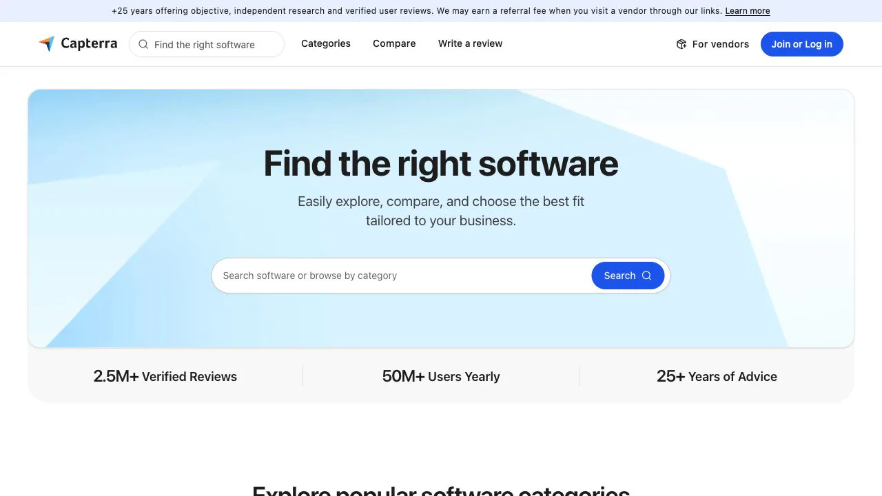 Capterra homepage with software search and comparison categories