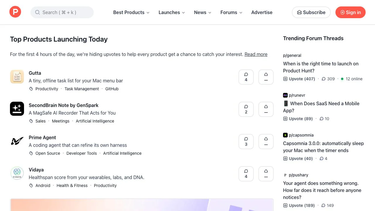 Product Hunt homepage showing new products, votes, and discussions