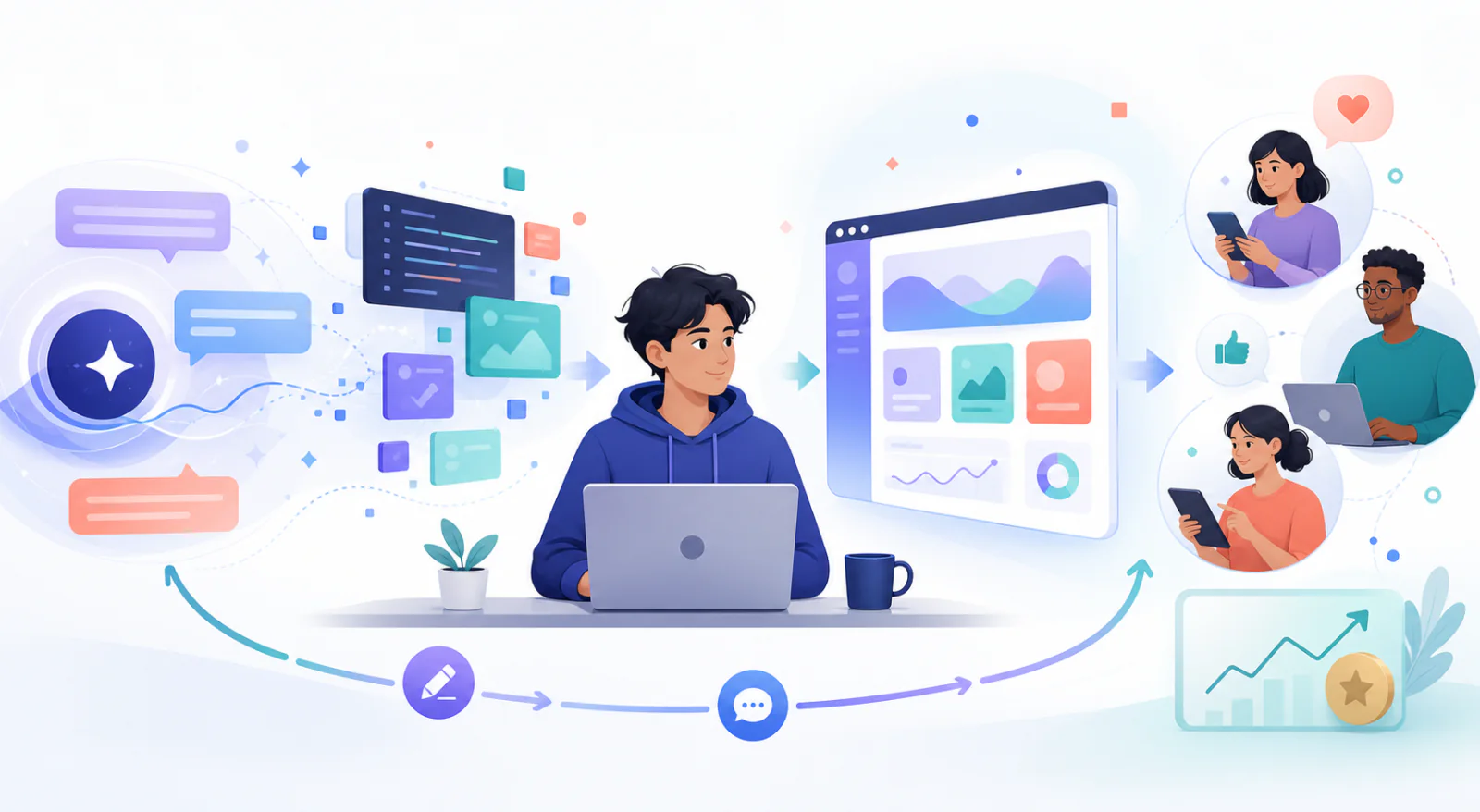 A creator uses AI to turn a natural-language idea into a product prototype, gives it to real users, and continues iterating from feedback