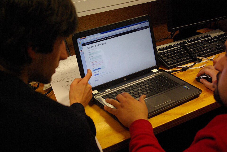 A researcher and a test participant try a website
