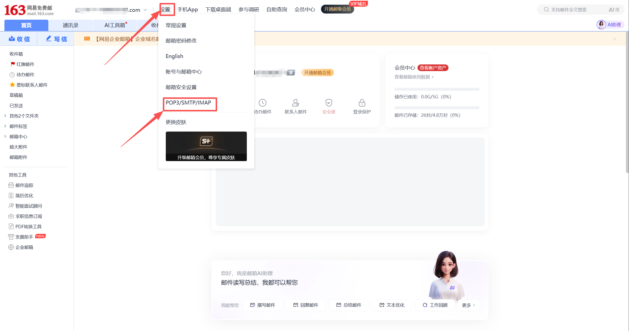 POP3/SMTP/IMAP entry in 163 settings