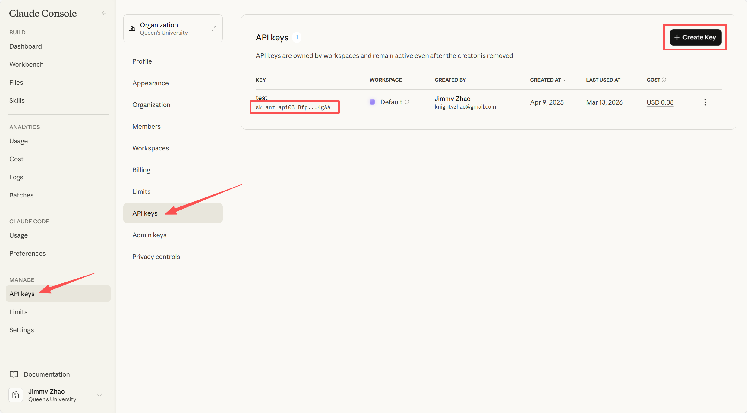Anthropic API Key creation page