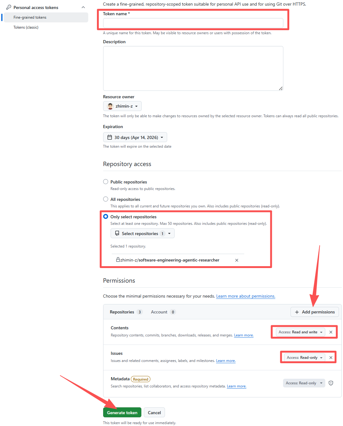 GitHub Token creation page