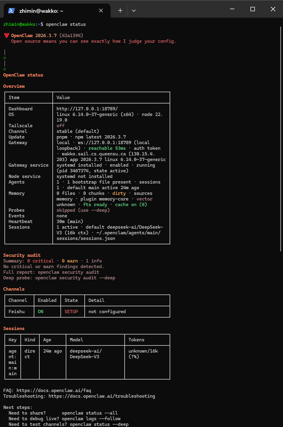 openclaw status output