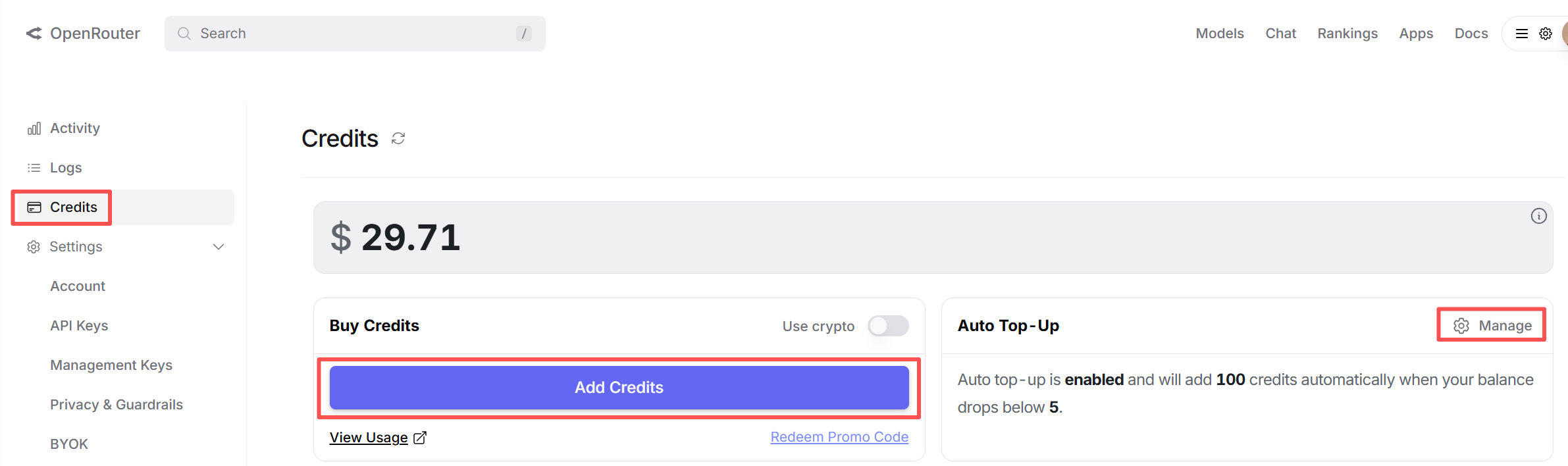 OpenRouter credits page