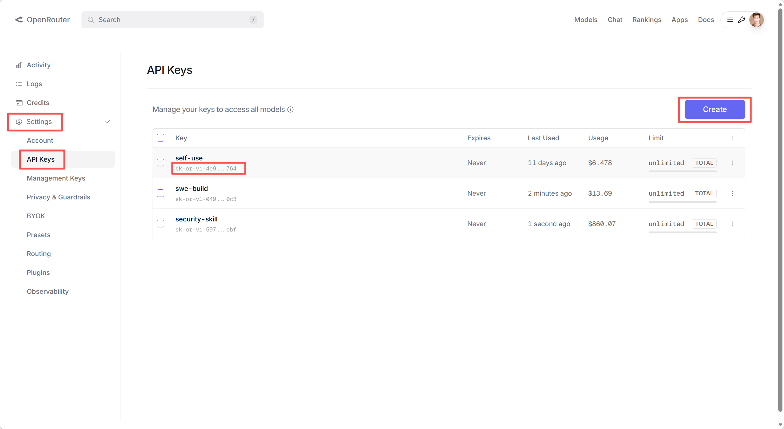 OpenRouter API Key creation page