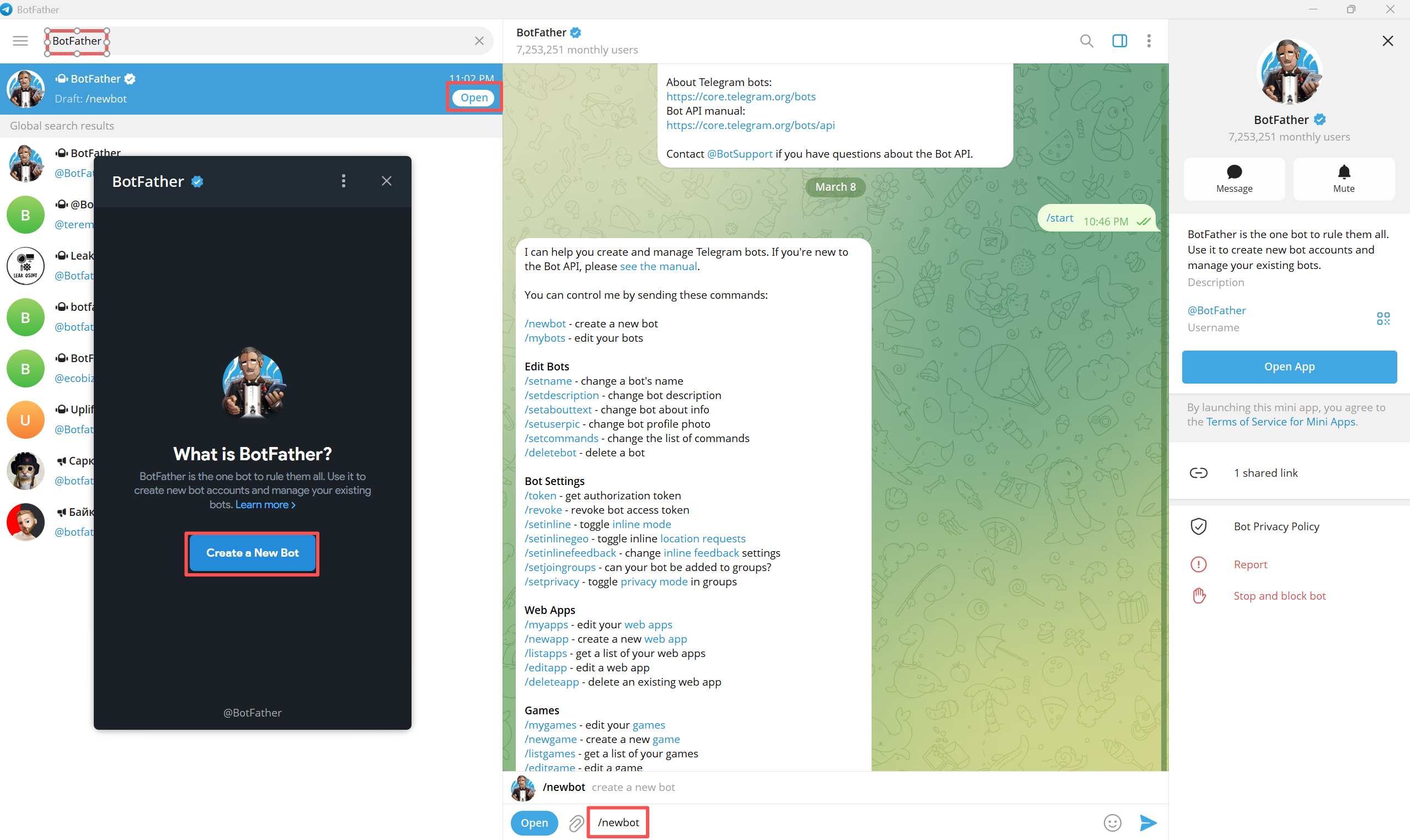 Telegram BotFather 创建机器人示意图