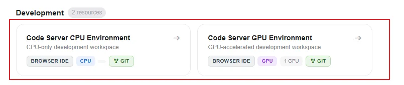 Development 区域的 Code Server 环境选项（局部截图）