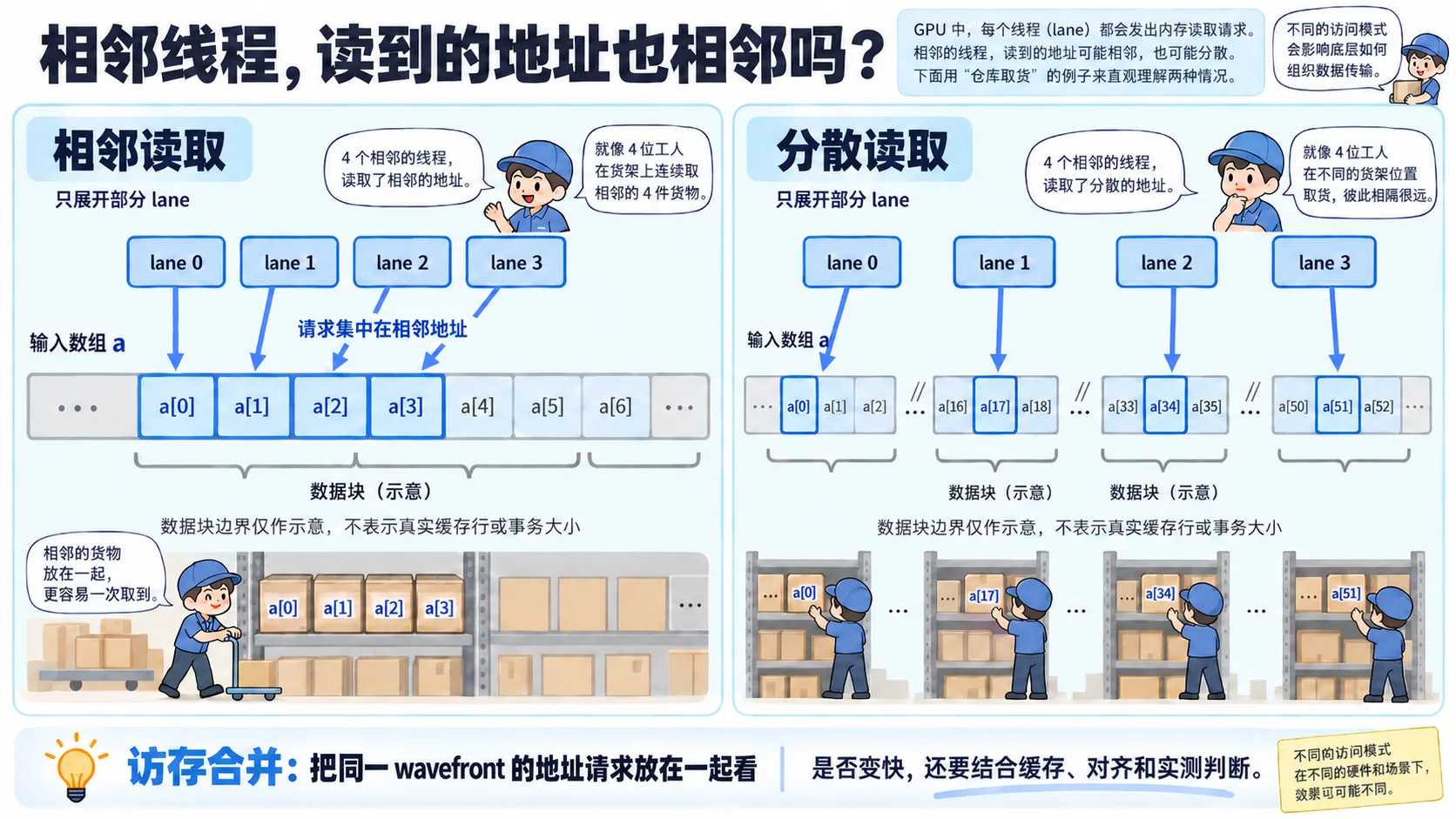 左侧 lane 0 至 3 读取相邻元素 a[0]、a[1]、a[2]、a[3]；右侧对应的蓝框标出分散元素 a[0]、a[17]、a[34]、a[51]