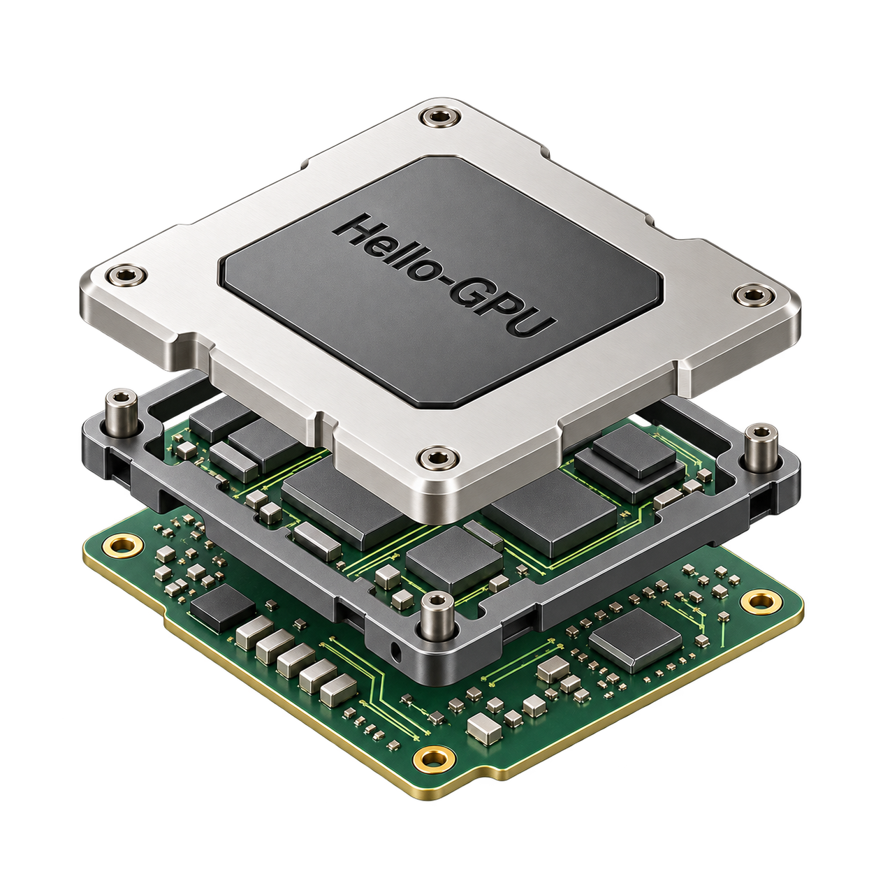 带 Hello-GPU 标志的银色与石墨色分层芯片，透明背景的抽象计算结构