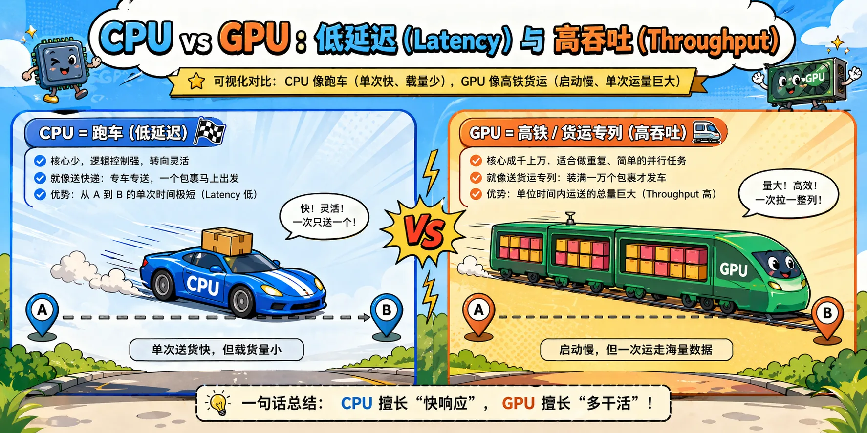 图2.5 CPU vs GPU 低延迟与高吞吐对比