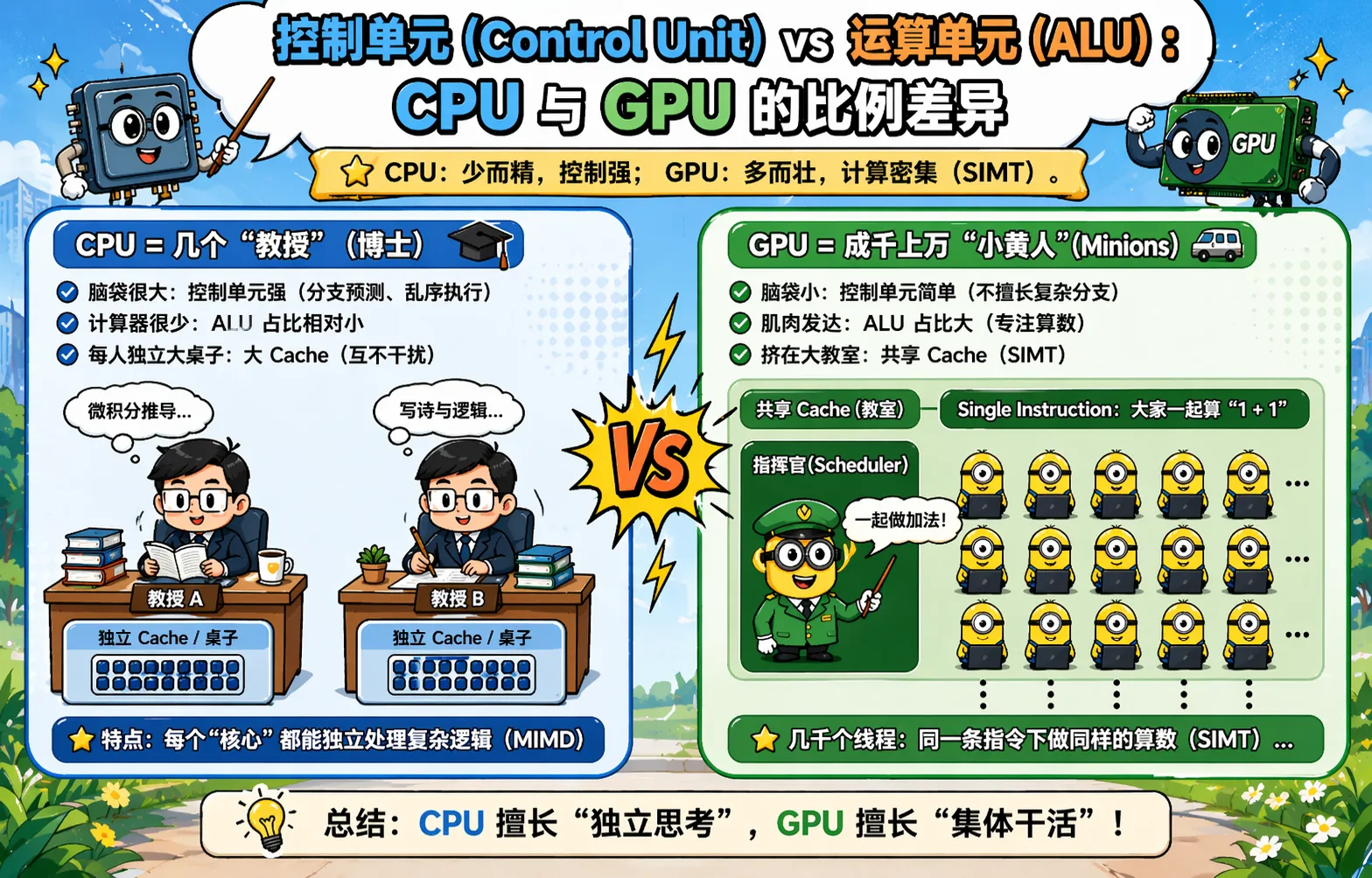 图2.9 CPU 控制单元 vs GPU 运算单元比例差异