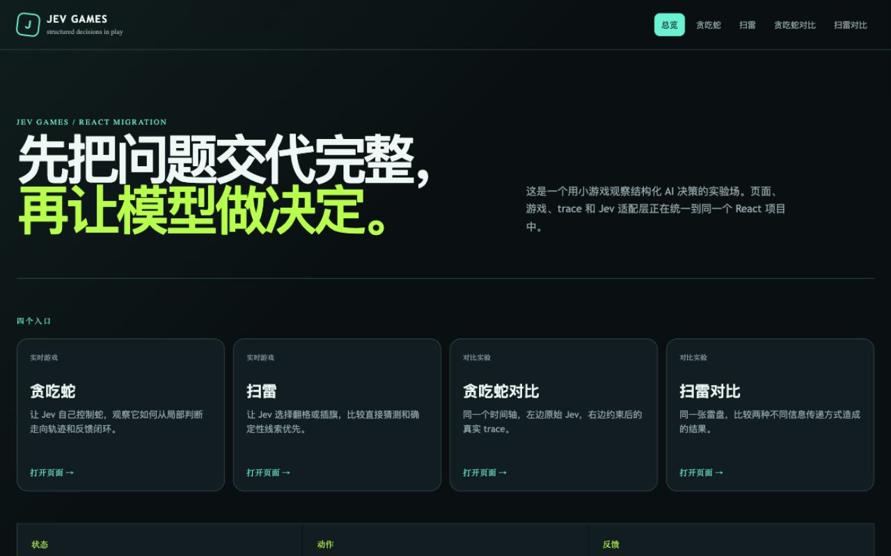 Jev Games 统一入口:贪吃蛇、扫雷和对照实验