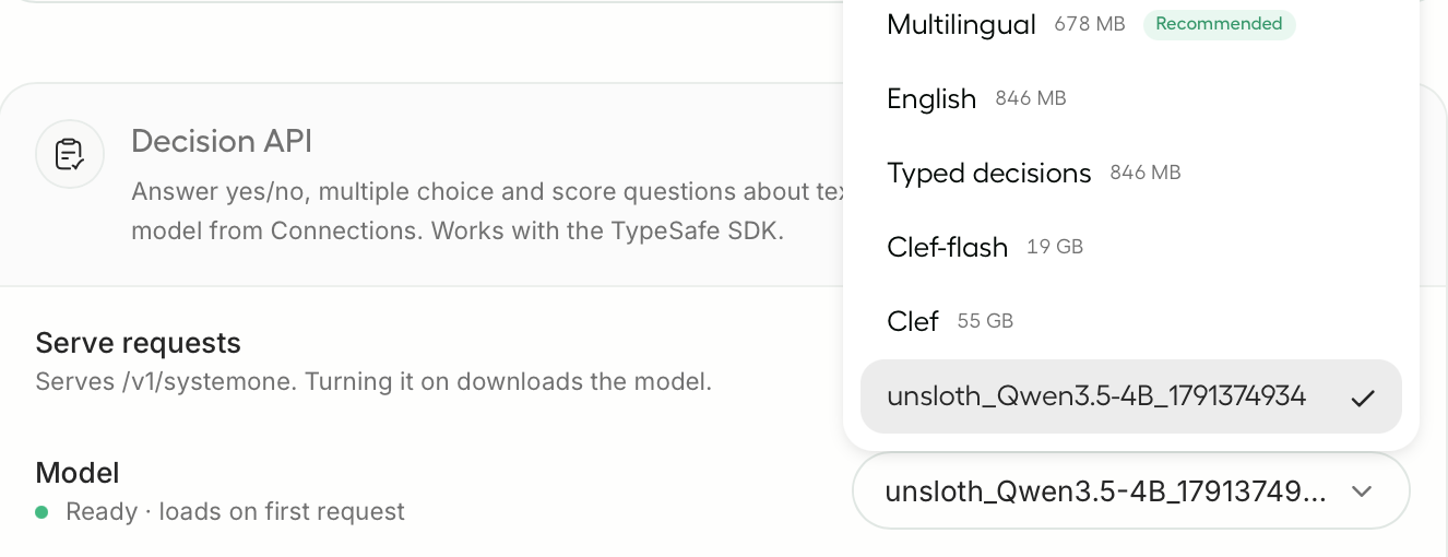 图4:Settings → API 里的模型下拉,显示训练出的模型名